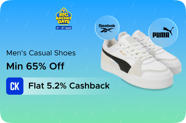 Min 65% Off on Men's Casual Shoes + Flat 5.2% Cashback