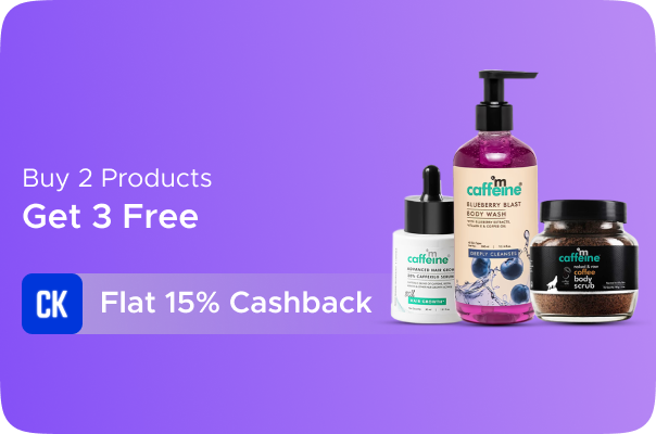 mCaffeine: Buy 2 Get 3 Free + Flat 15% CashKaro Cashback