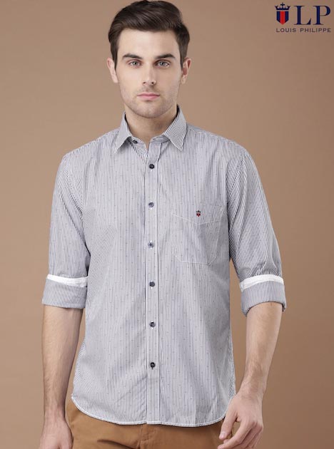 Louis Philippe Sport Men White & Navy Union Slim Fit Striped Casual Shirt Louis Philippe Sport Men White & Navy Union Slim Fit Striped Casual Shirt