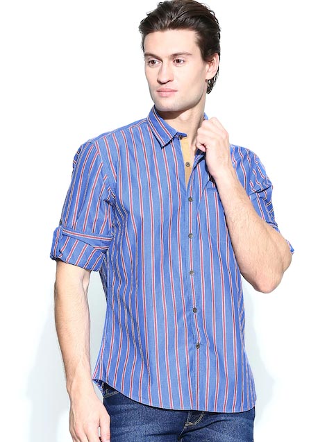 John Players Men Blue & Red Striped Trim Fit Casual Shirt John Players Men Blue & Red Striped Trim Fit Casual Shirt