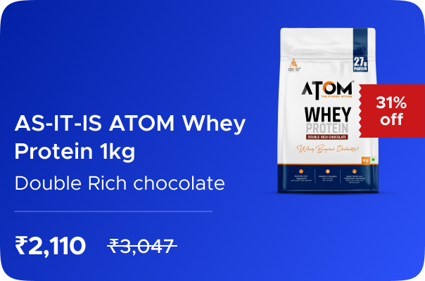 Hyugalife: Buy AS-IT-IS ATOM Whey Protein 1kg | Double rich chocolate | 27g protein Worth ₹3047 at ₹2110