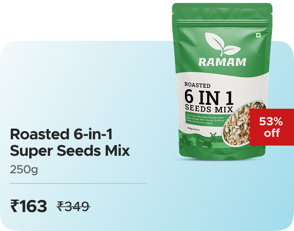 Ramam: Buy Ramam: Premium 6-in-1 Super Seeds Mix Roasted Ready to Eat Chia Flax Pumpkin Sunflower White & Black Sesame High Protein Fiber Healthy Snack Topping 250g Pack Worth ₹349 at ₹163