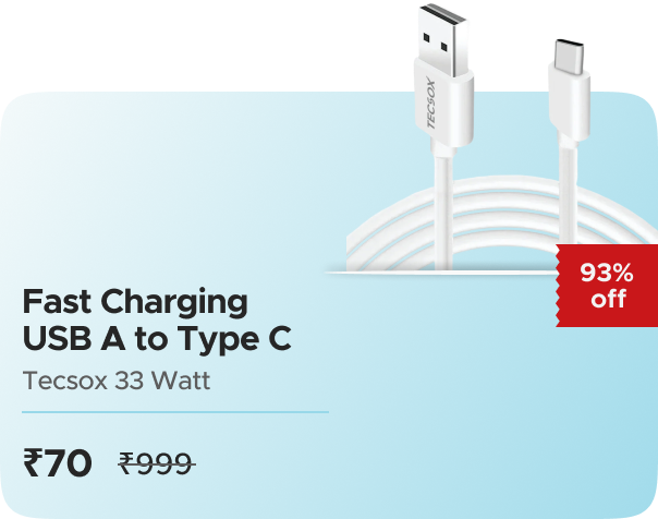 Zop: Buy Tecsox: 33 Watt Fast Charging USB A to Type C Fast Charging Under 200 Worth ₹999 at ₹70