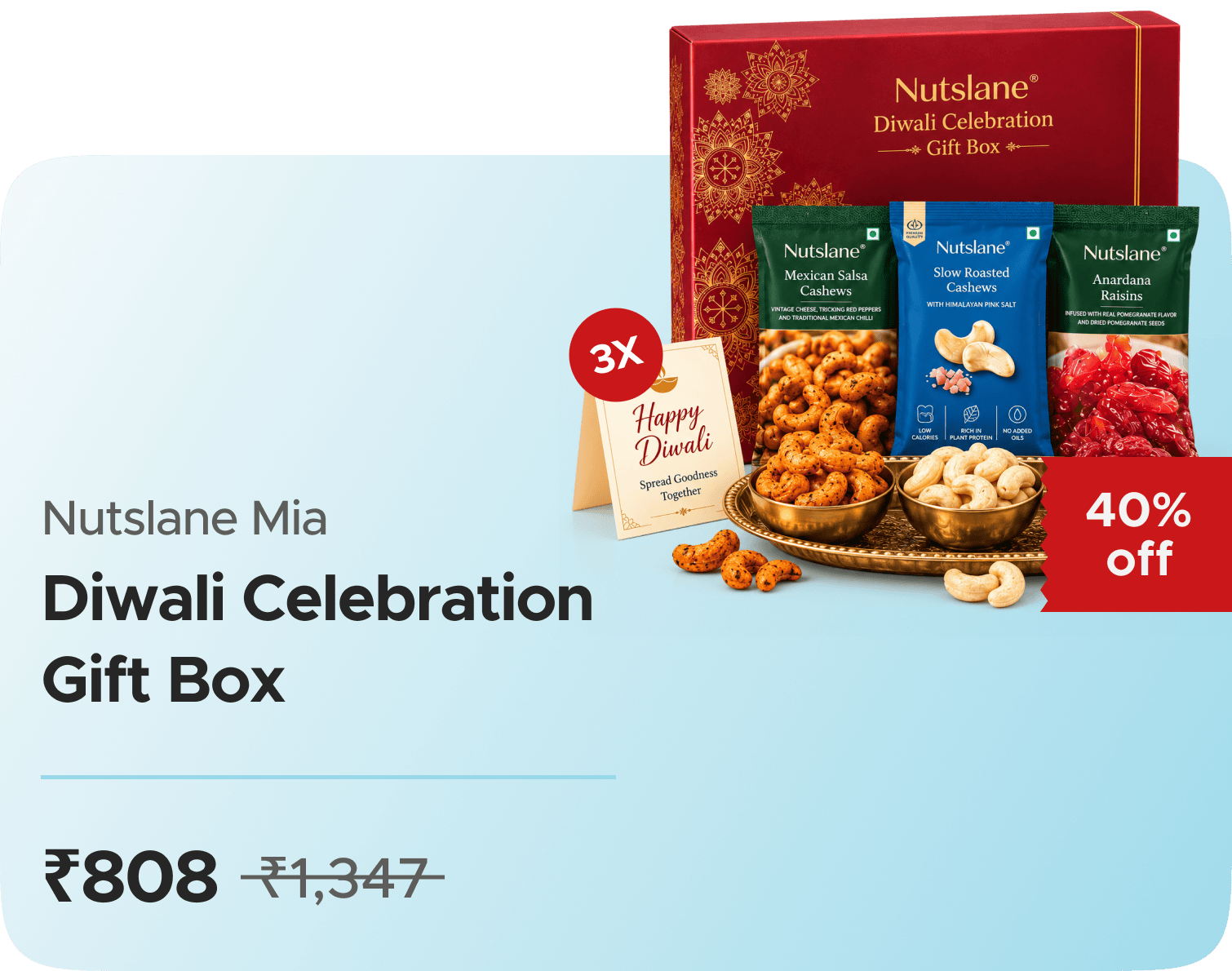 Nutslane Nutslane Mia Diwali Celebration Gift Box — 3X Pack, effective ₹808 (₹269/pack)
