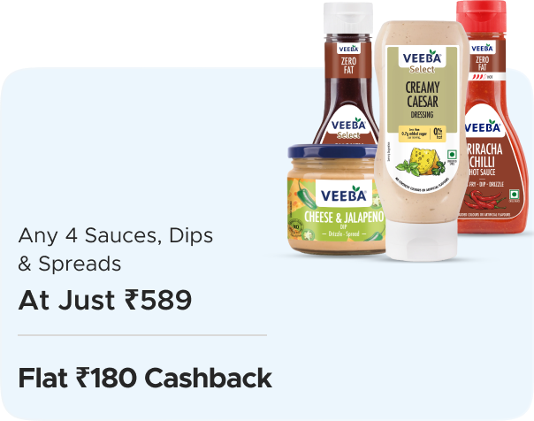 Veeba: Any 4 Sauces, Dips & Spreads at Just Rs 589! + Flat Rs 180 CashKaro Cashabck!